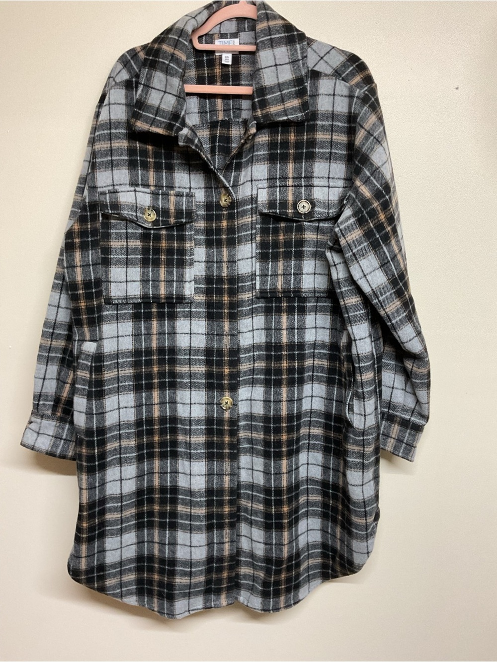 Plaid Button-Front Shacket Jacket - Grey/Black